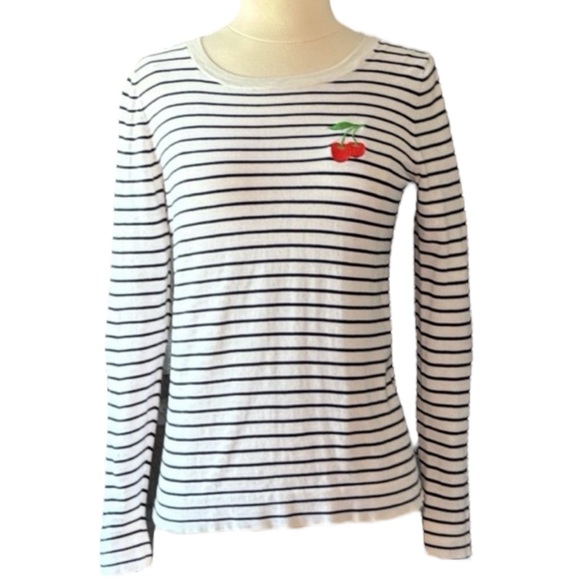 🌺J. CREW Striped Long Sleeve Shirt w/ Cherry Patch in White/Navy Size Small🌺 - Picture 1 of 11